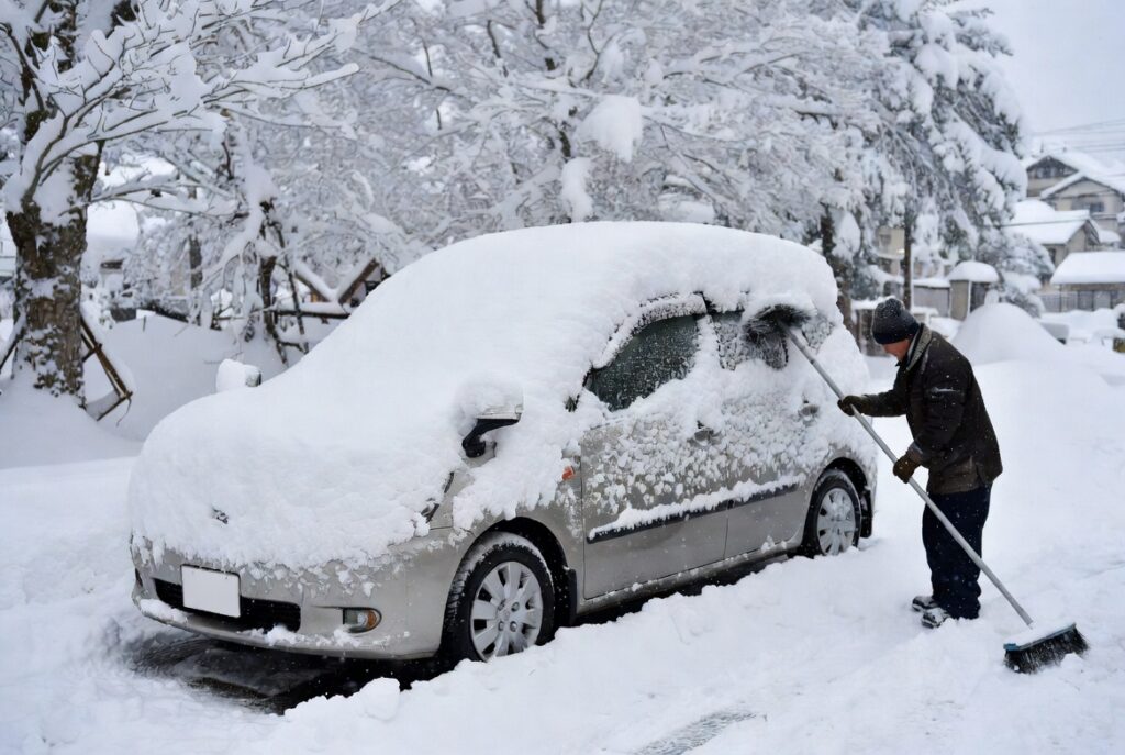 札幌の一戸建て住宅で冬の朝にスコップやスノーダンプを使って行う重労働な雪かき除雪風景