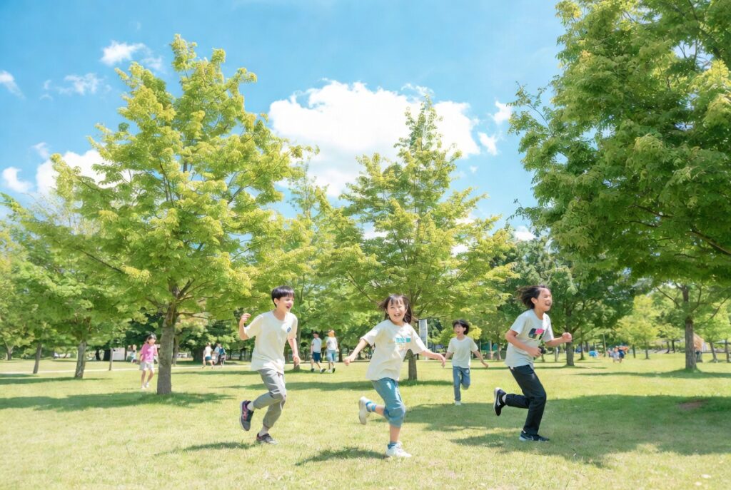 子どもの遊び場に最適な大自然と広大な敷地が広がる札幌市内の公園の風景