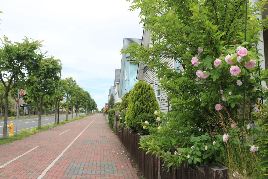 豊かな緑と広々とした道路が広がる札幌市清田区の美しい住宅街。車があることで真価を発揮するのびのびとした住環境のイメージ