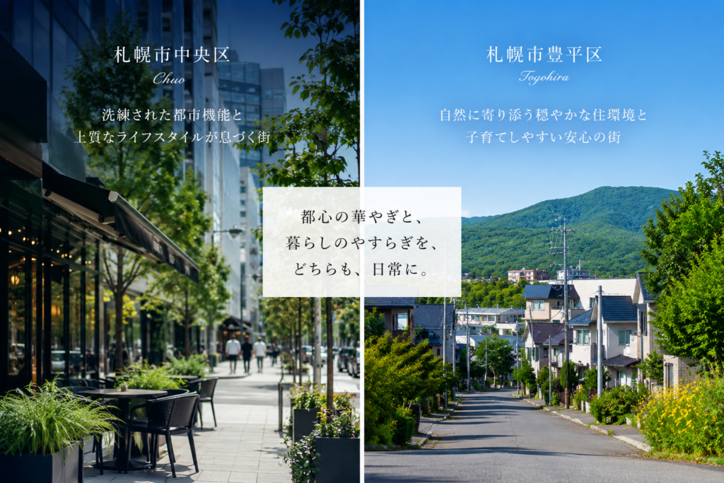 札幌移住で独身一人暮らしにおすすめの中央区と豊平区の街並みを比較するイメージ