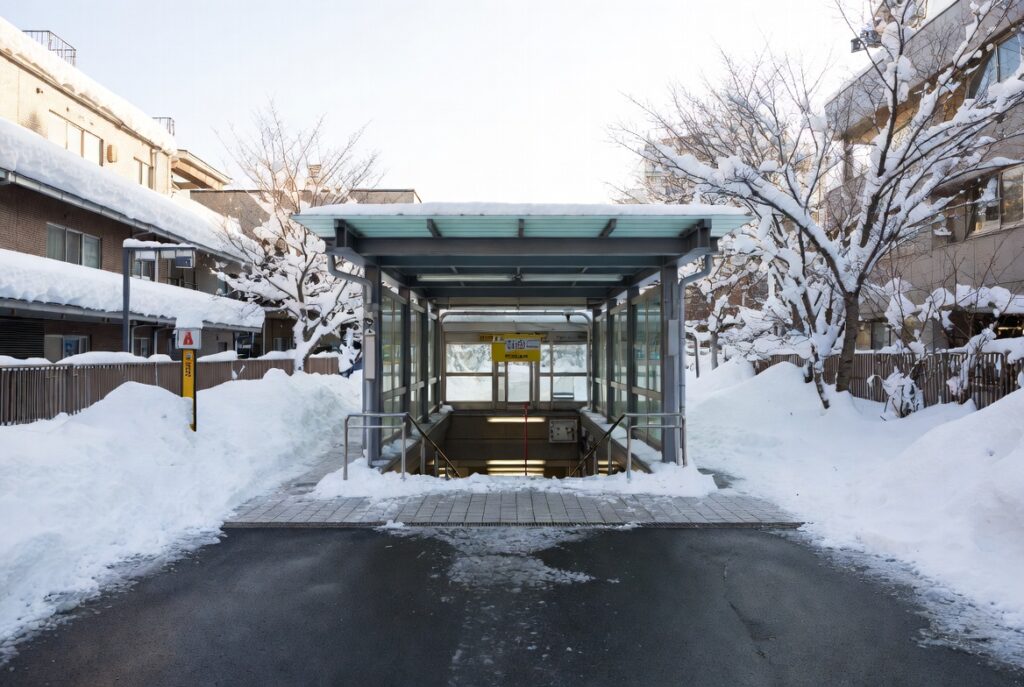 冬の札幌で子育て世帯が直面する雪道の移動や駅近くの通学路イメージ