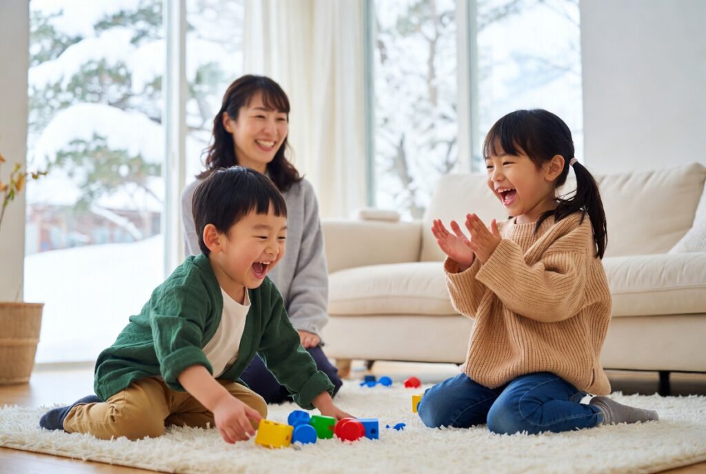 冬の札幌移住を成功させて暖かい室内や屋内遊び場で楽しく子育てをする家族のイメージ