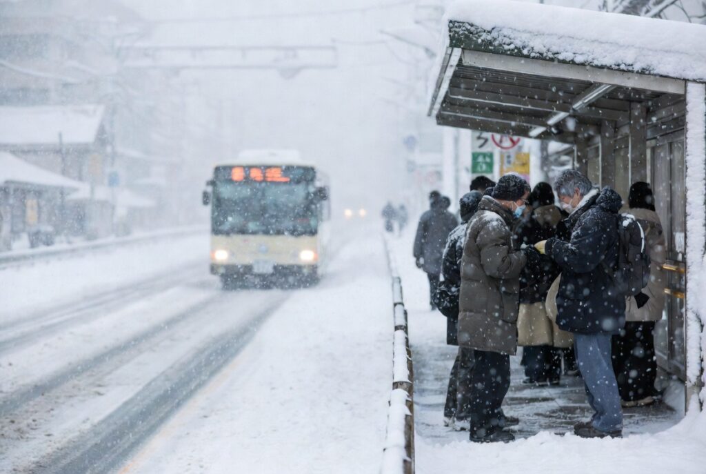 冬の札幌で大雪によるバスの遅延や交通麻痺に直面するイメージ